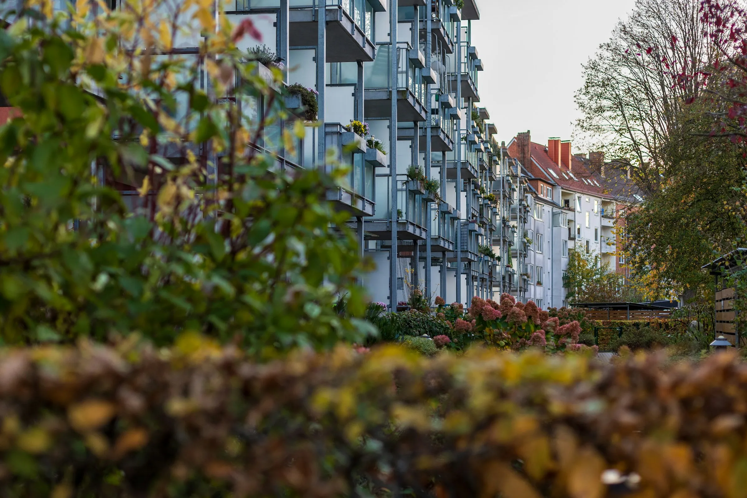 Gartenseite einer Wohnanlage in Kiel mit Balkonreihen, Hecken und Herbstlaub